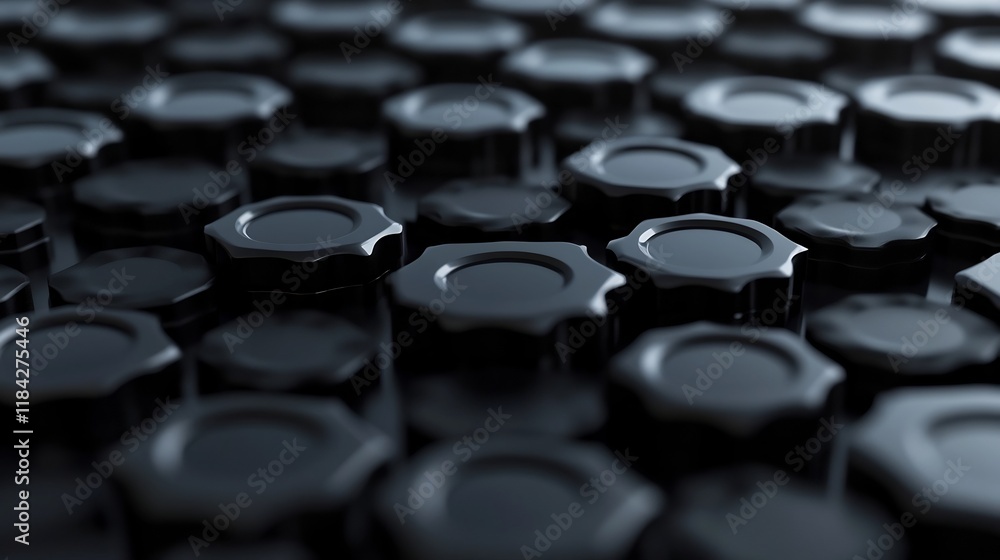 Poster glossy black circular mechanisms on reflective surface for tech themes