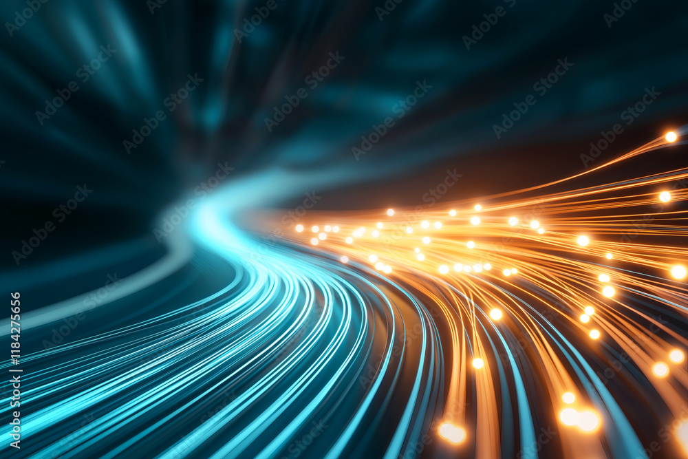 Poster dynamic abstract background featuring flowing blue and orange light trails, creating sense of motion
