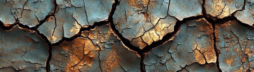 Cracked Earth: A dry, cracked desert floor with deep crevices spreading like spiderwebs across the dusty ground