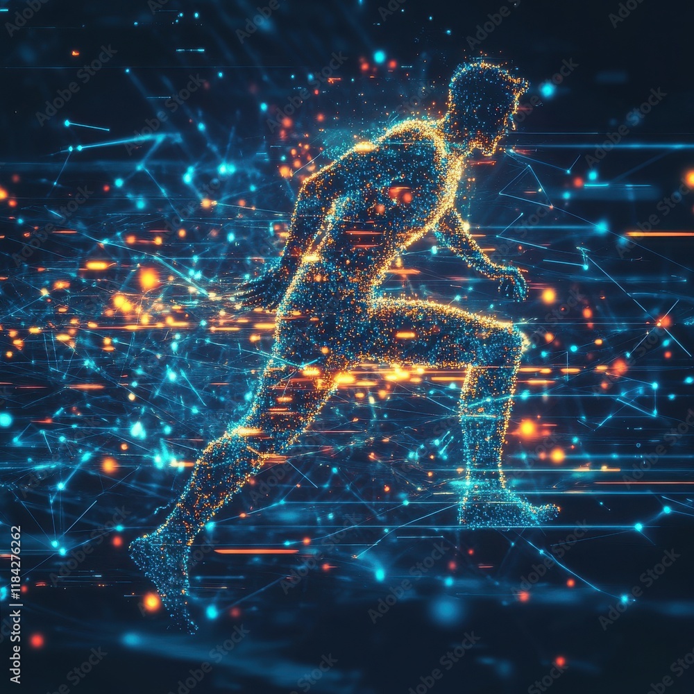 Poster a dynamic digital representation of a runner in motion, surrounded by vibrant light trails and elect
