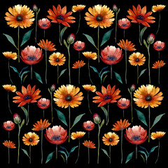 Beautiful stylized floral print. Watercolor stylized wildflowers. Flower isolated on black background.