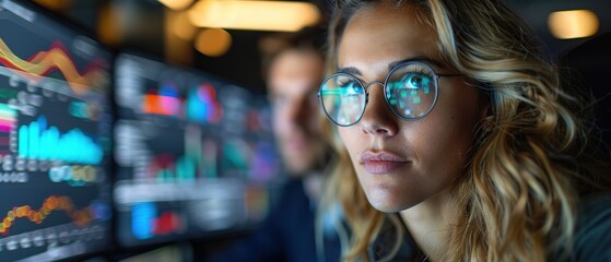 Professional female and statistician analyzing graphics on their multi-monitor computers close up copy space