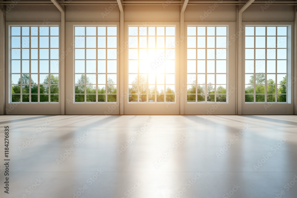 Poster bright sunlight streams through large windows in empty warehouse, creating serene atmosphere. spacio