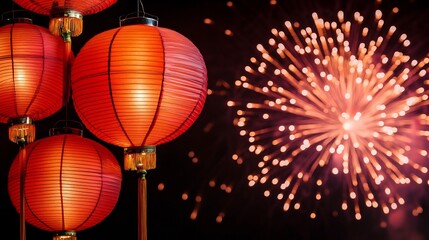 Glowing Chinese Lanterns and Vibrant Fireworks in Harmonious