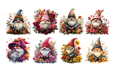 Floral Valentine gnome surrounded by roses and flowers on transparent background