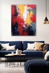 Abstract colorful painting in modern living room with dark blue sofa