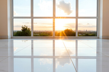 Bright sunset view through large windows, reflecting on polished floor. serene atmosphere creates peaceful ambiance, perfect for relaxation and contemplation