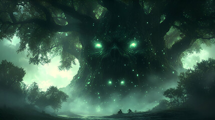 Obraz premium Enchanted Forest with Glowing Ancient Tree at Night