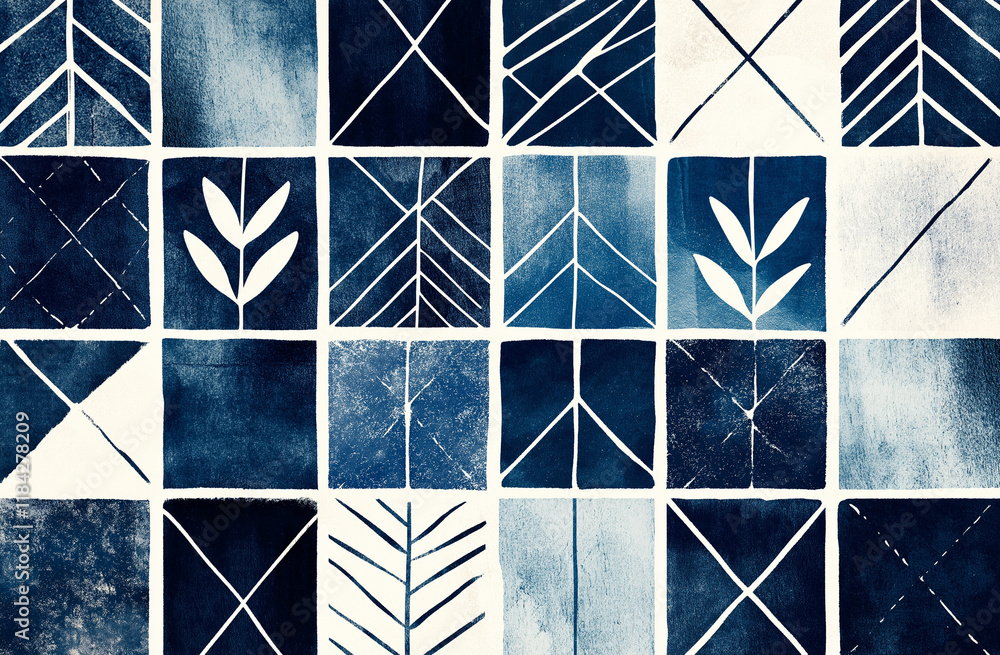 Poster minimalist watercolor block print line art – white and indigo geometric patterned grid design for mo