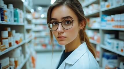 Woman Organizing Medications on Pharmacy Shelves