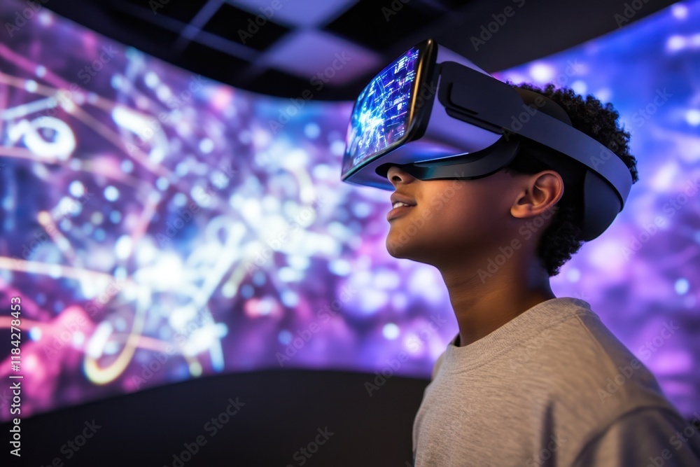 Poster child exploring virtual reality in an interactive exhibit at a technology center