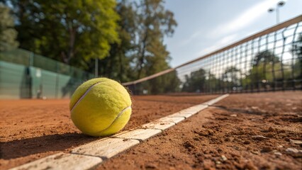A close-up of a bright yellow tennis ball resting on a clay court