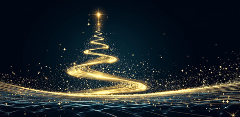 Glowing Golden Spiral Christmas Tree on Black Background with Star and Festive White Dot Accents – A Sparkling Digital Illustration for a Dark, Mysterious Holiday Mood