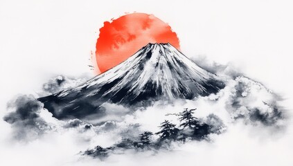 Traditional Japanese Sumi-e Mount Fuji with Rising Sun. Black White Ink Art with Red Clouds Snow Contrast Symbolizing Hope New Beginnings.