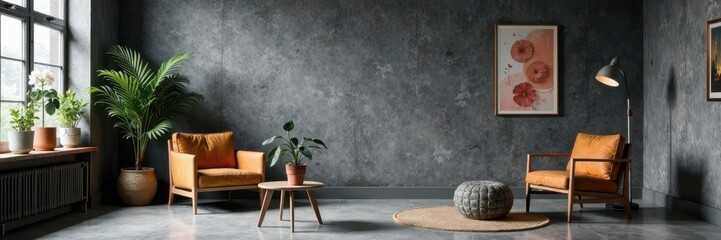 Fototapeta premium Empty dark gray concrete wall room studio background with scattered furniture and abstract decorations , studio, decor, furniture