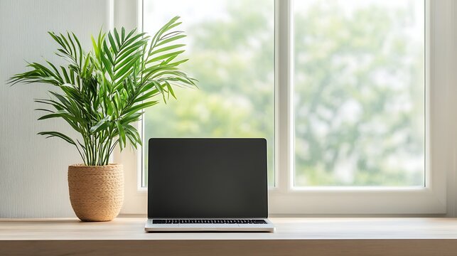 Clean and Minimal Desk Setup with Lush Green Plant and Natural Light for a Calming Workspace Atmosphere