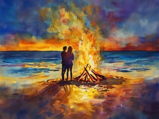 Fototapeta premium Romantic bonfire evening beachside painting sunset couples warmth and togetherness