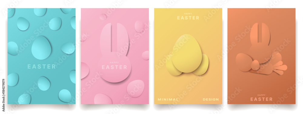 Poster easter template set with abstract rabbits and eggs on a light bright background in minimal style vec