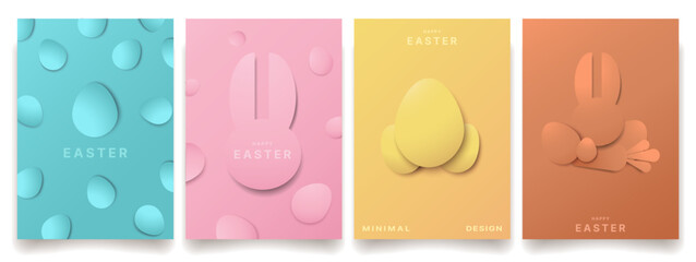 Easter template set with abstract rabbits and eggs on a light bright background in Minimal style Vector illustration.Happy Easter sunday Modern holiday Poster,banners,greeting cards,cover,flyer design