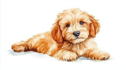 International Doodle Dog Day Cute fluffy brown puppy lying down on white background