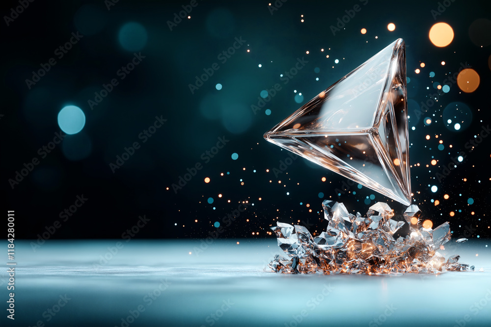 Poster stunning glass fragment shaped like pyramid rests on sparkling crystals, creating mesmerizing visual