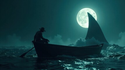 Fototapeta premium Solitary Figure in Small Boat, Contemplating the Immense Ocean Under a Full Moon with a Shark Fin Visible in the Distance