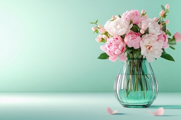 Obraz premium Fresh bouquet of peony flowers on mint green background. Floral decor and interior design concept. Still life aesthetic composition for banner with copy space
