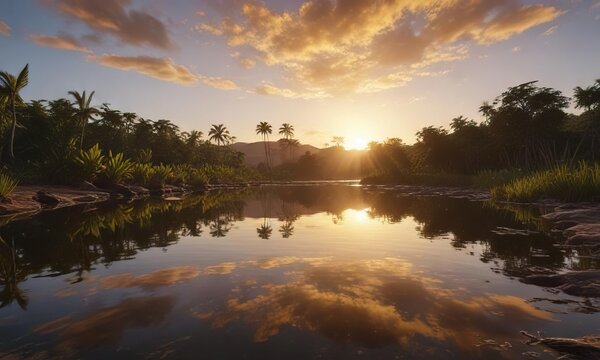 La luz dorada del atardecer sobre los llanos orientales de Arauquita, reflej&aacute;ndose en el r&iacute;o Arauca, warm light, golden hour, river
