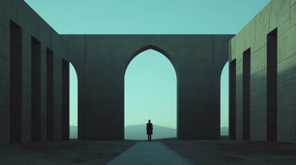 Fototapeta premium Solitary figure standing in minimalist concrete structure with arched gateway, overlooking a distant landscape.