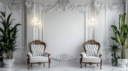 Luxurious French Classic-inspired Interior with Gilded Accents, Marble Floors, and a Vintage Frame Mock-up. Elegant Victorian or Rococo Style Living Room with Plush Armchairs and Decorative Wall Panel
