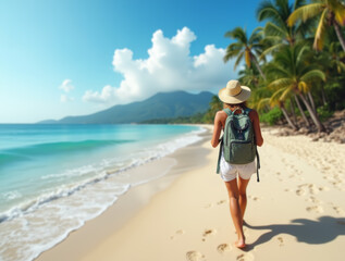 Traveler at Tropical Beach with Backpack and Sun Hat Walking by Ocean Shoreline