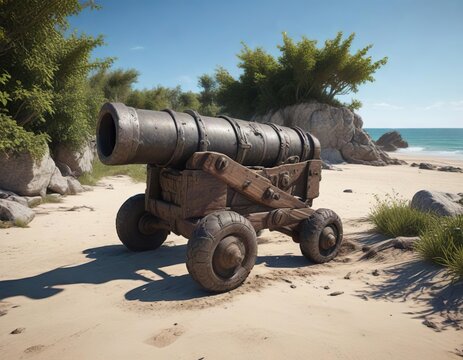 Overgrown and worn-down medieval cannon on the beach, sandy terrain, sand-covered stone