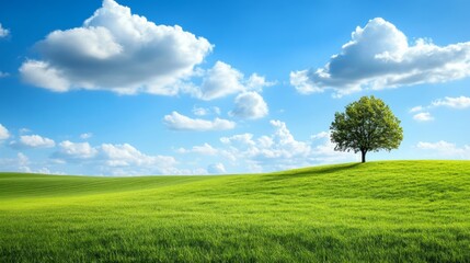 Vast Open Field with Isolated Tree Under Blue Sky. Low Angle View Showcasing Rolling Hills and Serene Atmosphere.