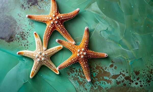 Three starfish on teal surface with textured patterns