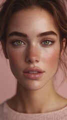 Fototapeta premium Stunning close-up portrait of a young woman with freckles, captivating green eyes, and a serene expression.