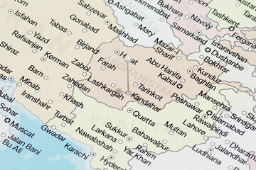 Fototapeta premium Macro photo of a white pin needle into Kandahar city of Afghanistan political map 