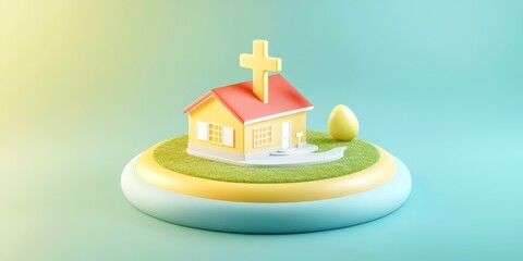 A colorful model of a church with a cross on a grassy base against a light background.