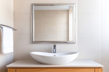 Fototapeta premium Sparkle and hygiene in bathroom concept. Modern bathroom with a sleek sink and mirror on a minimalist countertop