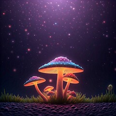 Magical fantasy background with glowing mushrooms, sparkling stars, and an ethereal purple glow.