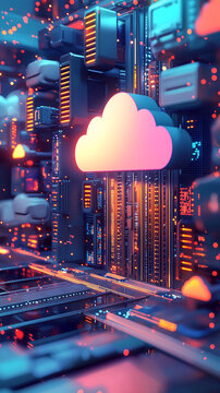 Stylized 3D render of a futuristic data center with glowing circuits and a prominent cloud symbol representing cloud computing infrastructure and digital technology