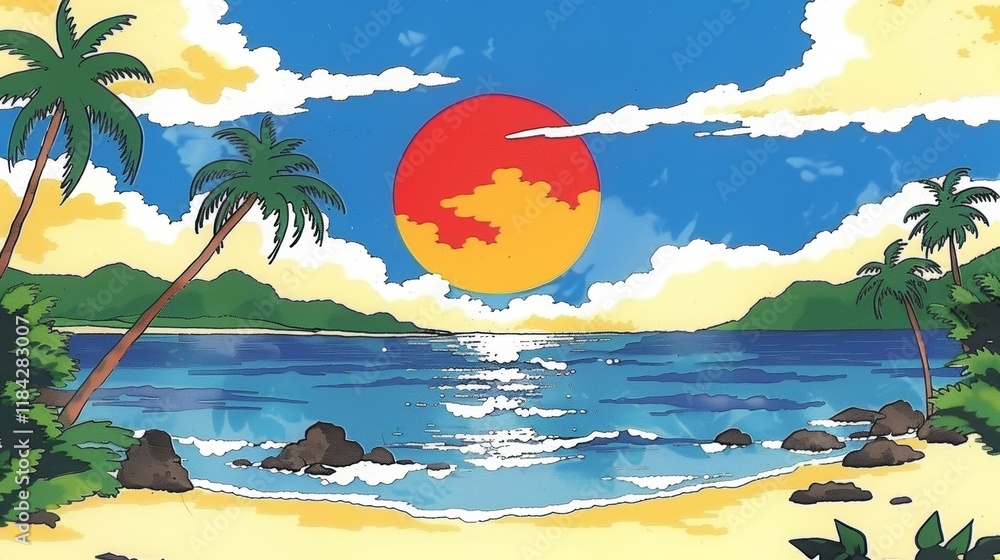 Poster summer seaside wallpaper features vibrant sunset with ample space for text in the center of the comp