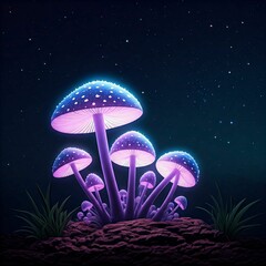Magical fantasy background with glowing mushrooms, sparkling stars, and an ethereal purple glow.