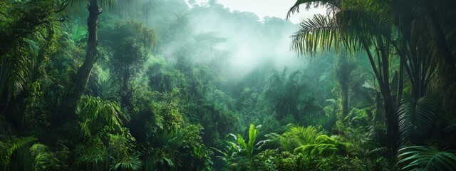 A picturesque view of a dense tropical rainforest shrouded in mist, Jungle scene, Lush style
