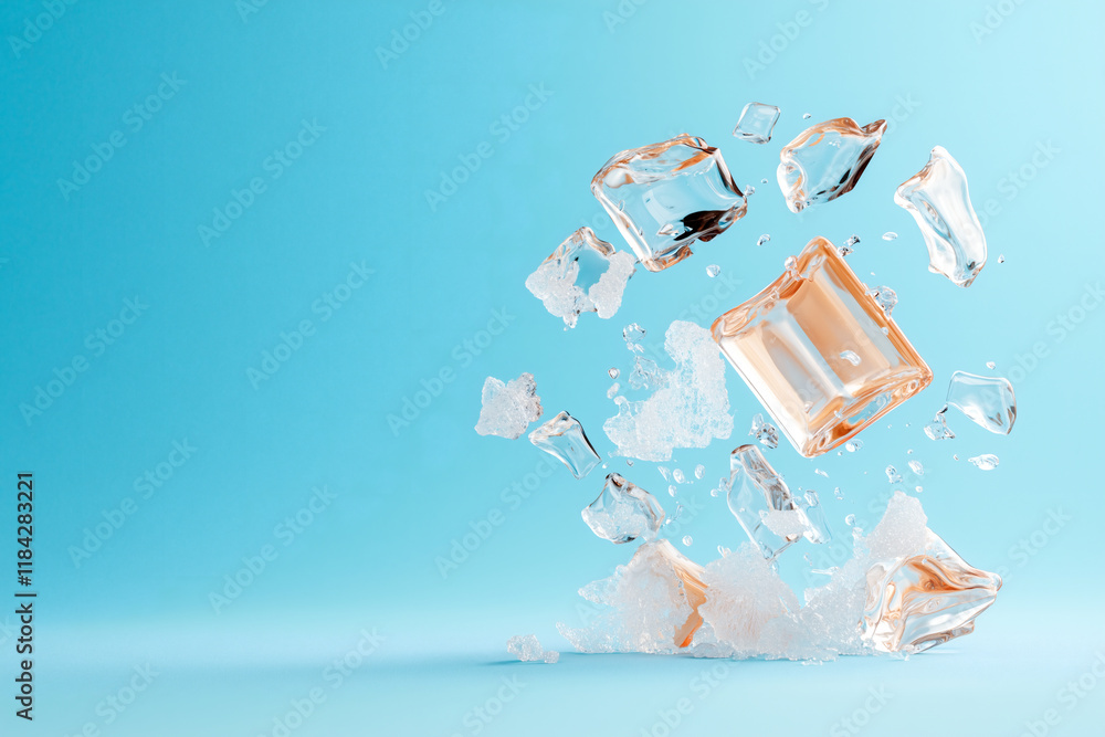 Poster ice cubes and crushed ice floating in refreshing blue background, creating vibrant and cool atmosphe