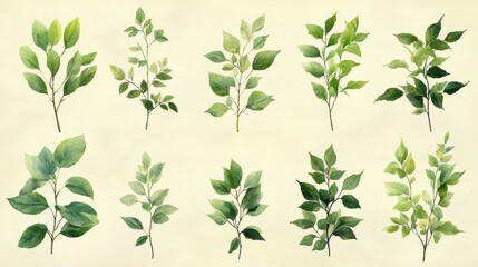 A watercolor illustration of various green leaves arranged artistically.