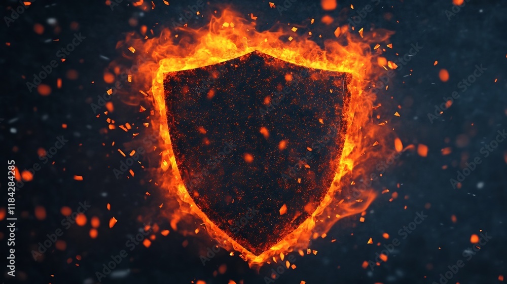 Poster fiery digital shield breaking through fragmented backdrop representing cybersecurity protection