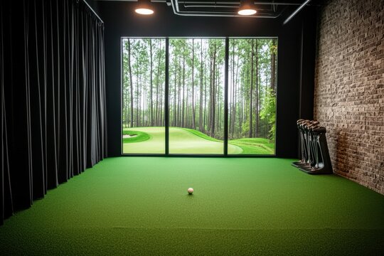 Indoor golf simulator setup with lush green carpet and serene view