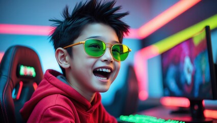A cheerful child wearing stylish sunglasses enjoys gaming in a vibrant, neon-lit room, showcasing excitement and technology.