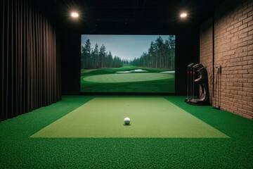 Indoor Golf Simulator Setup with Realistic Virtual Green Landscape