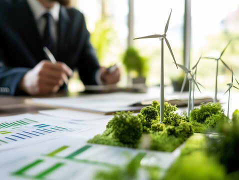 Businessman working on sustainable project with wind turbines and greenery on the table in a bright office